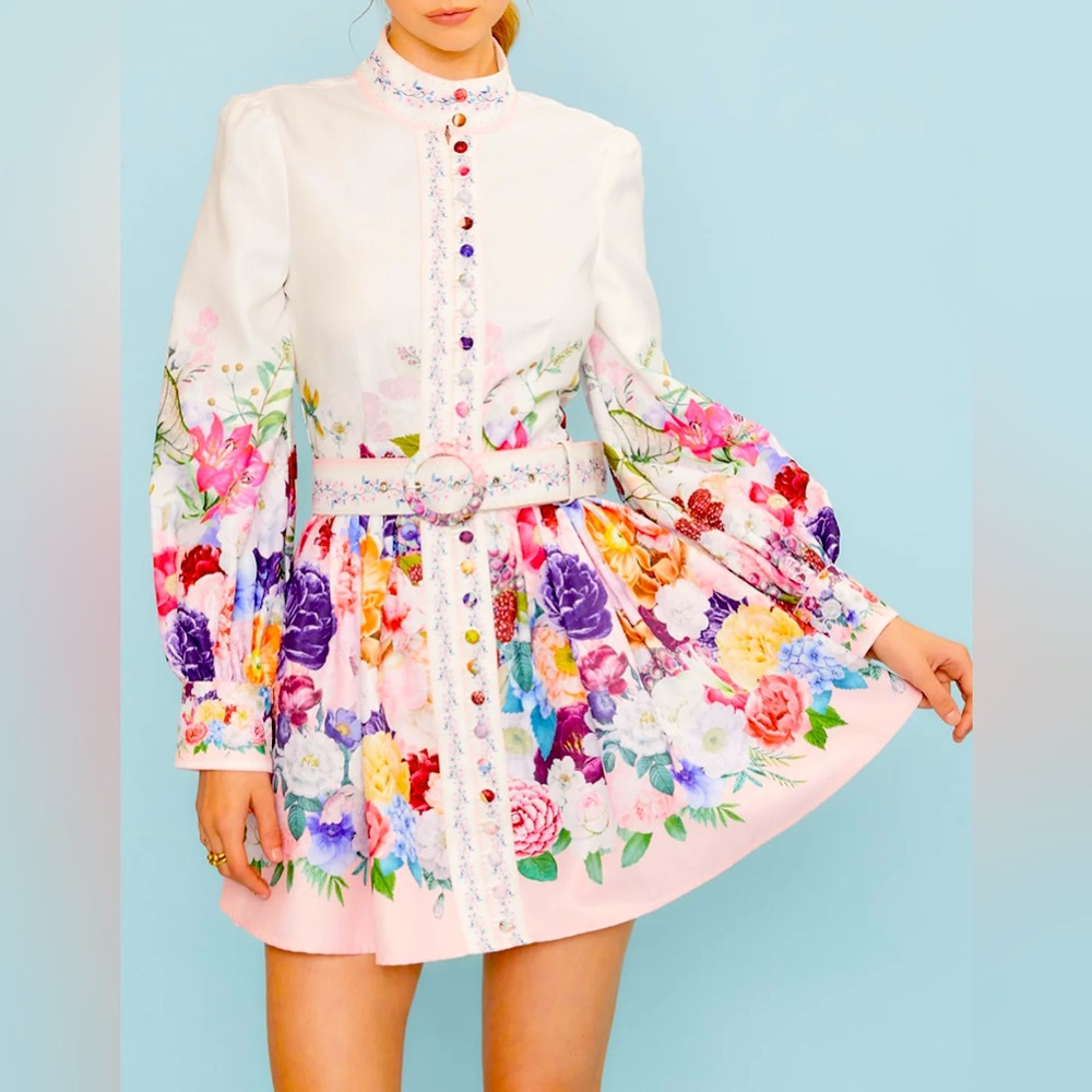 High Neck Stand Collar Floral Print A-
Line Belt Mini Dress